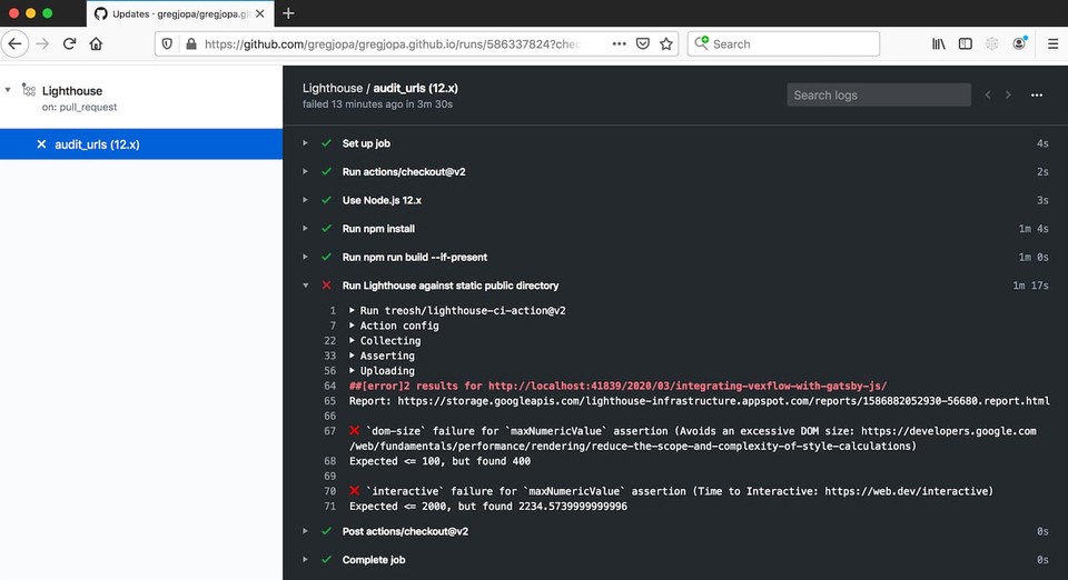 Lighthouse assertion errors with GitHub Actions